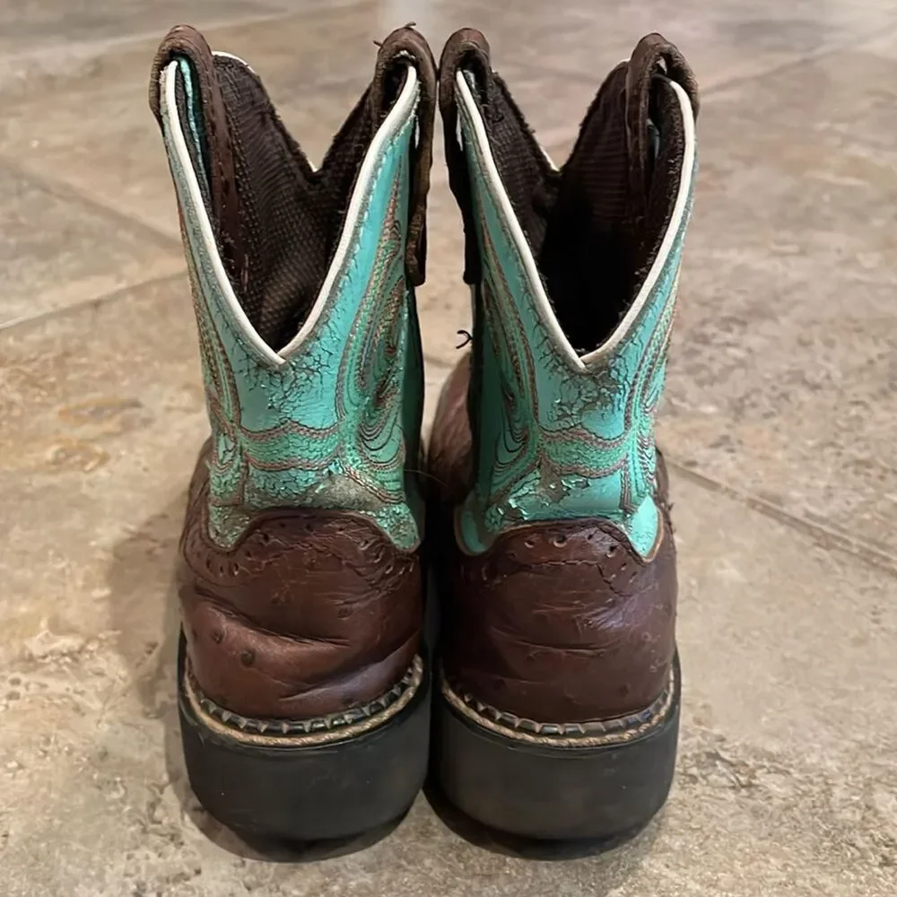 Justin Gypsy Brown Leather Ostrich and Green Boot Cowgirl Size 12.5D 9987JR